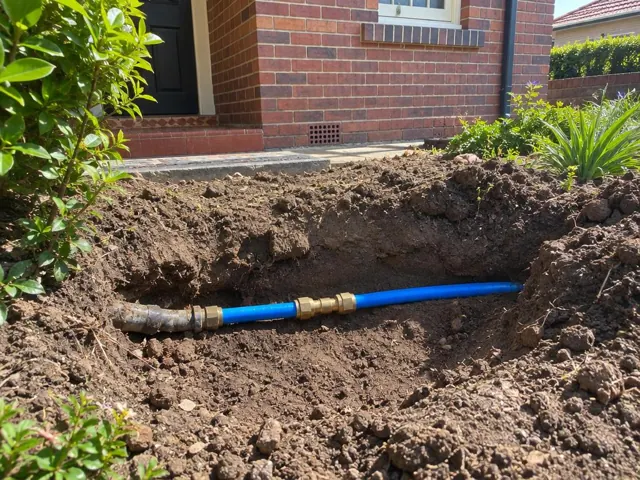 Excavated front yard trench with repaired blue water pipe and brass fittings beside a brick house in Mortdale